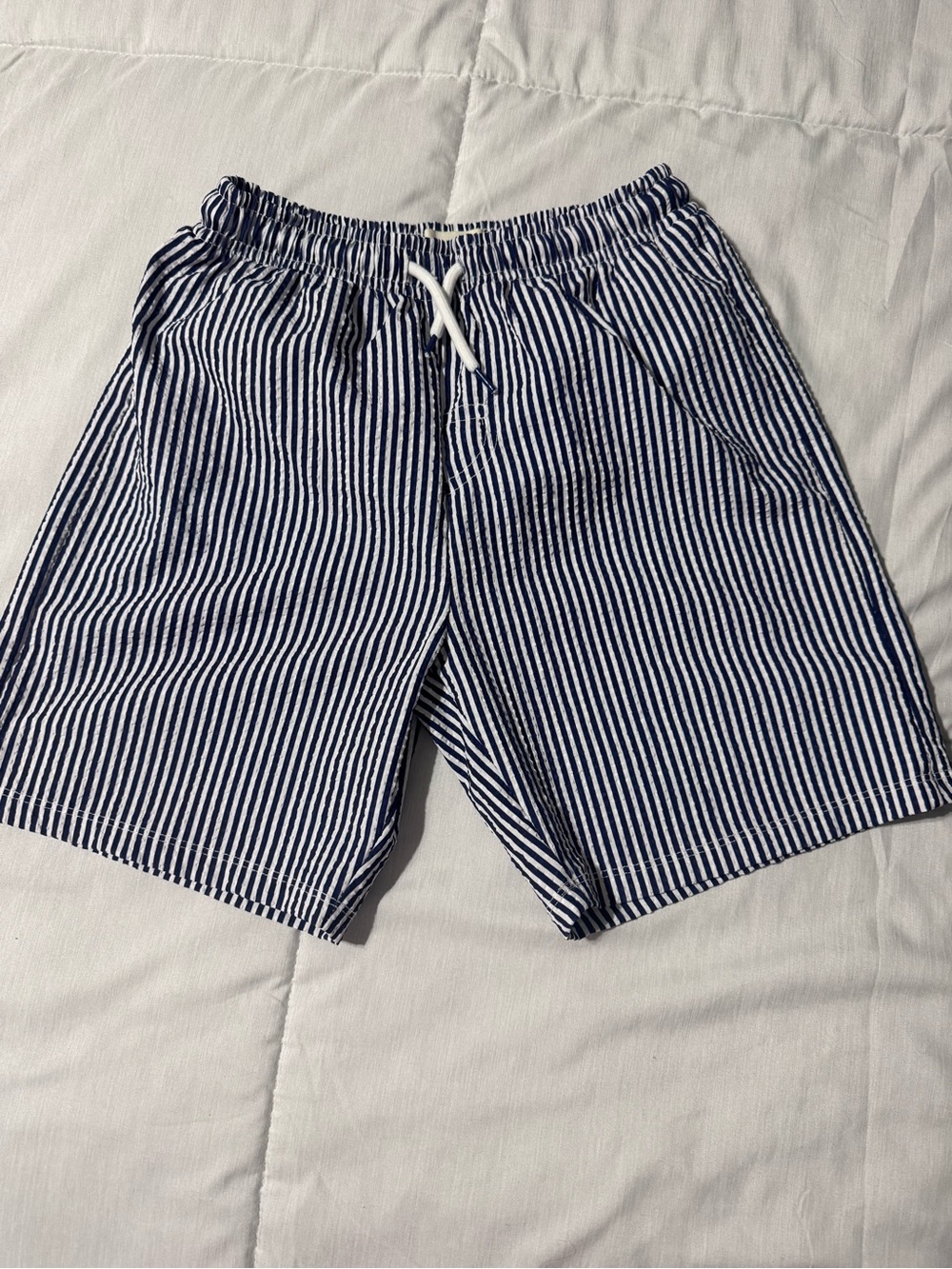Navy and White Striped Elastic Waist Shorts